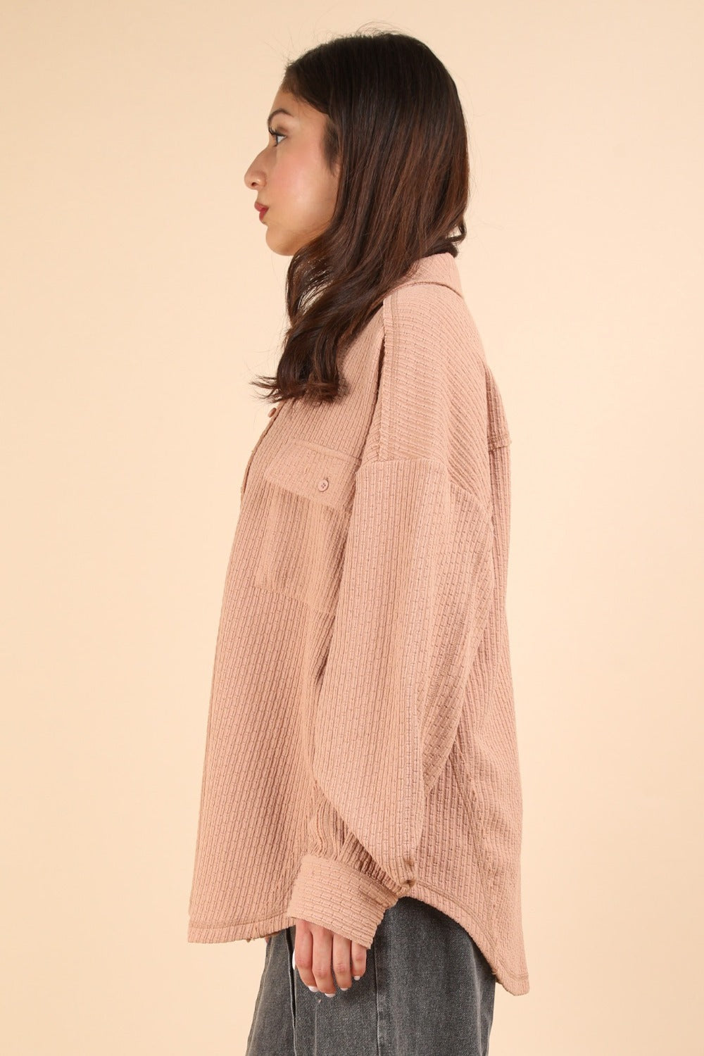 Button Down Textured Knit Shacket