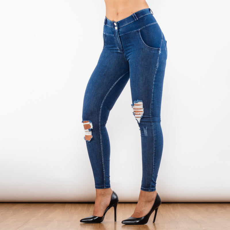 Blue Washed Ripped Middle Waist Jeans