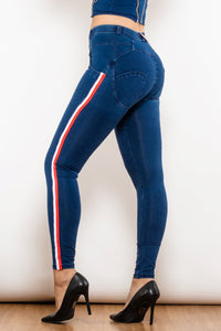 White & Red Side Stripe Dark Blue Denim Butt Lift Jeans