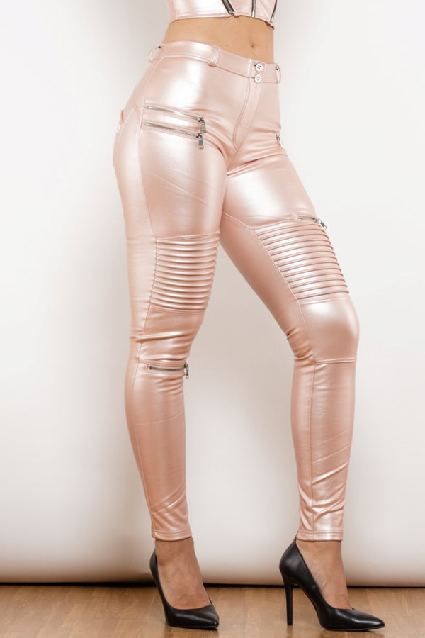 Fashion Pink Faux Leather Biker Pants