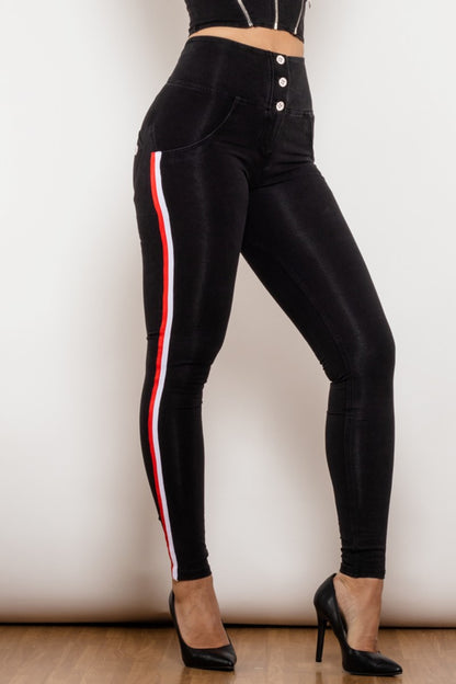 Side Stripe High Waist Black Stretch Bum Lift Pants