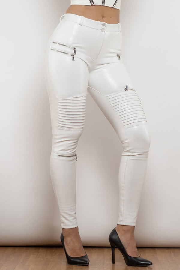 White Pu Leather Waterproof Biker Pants
