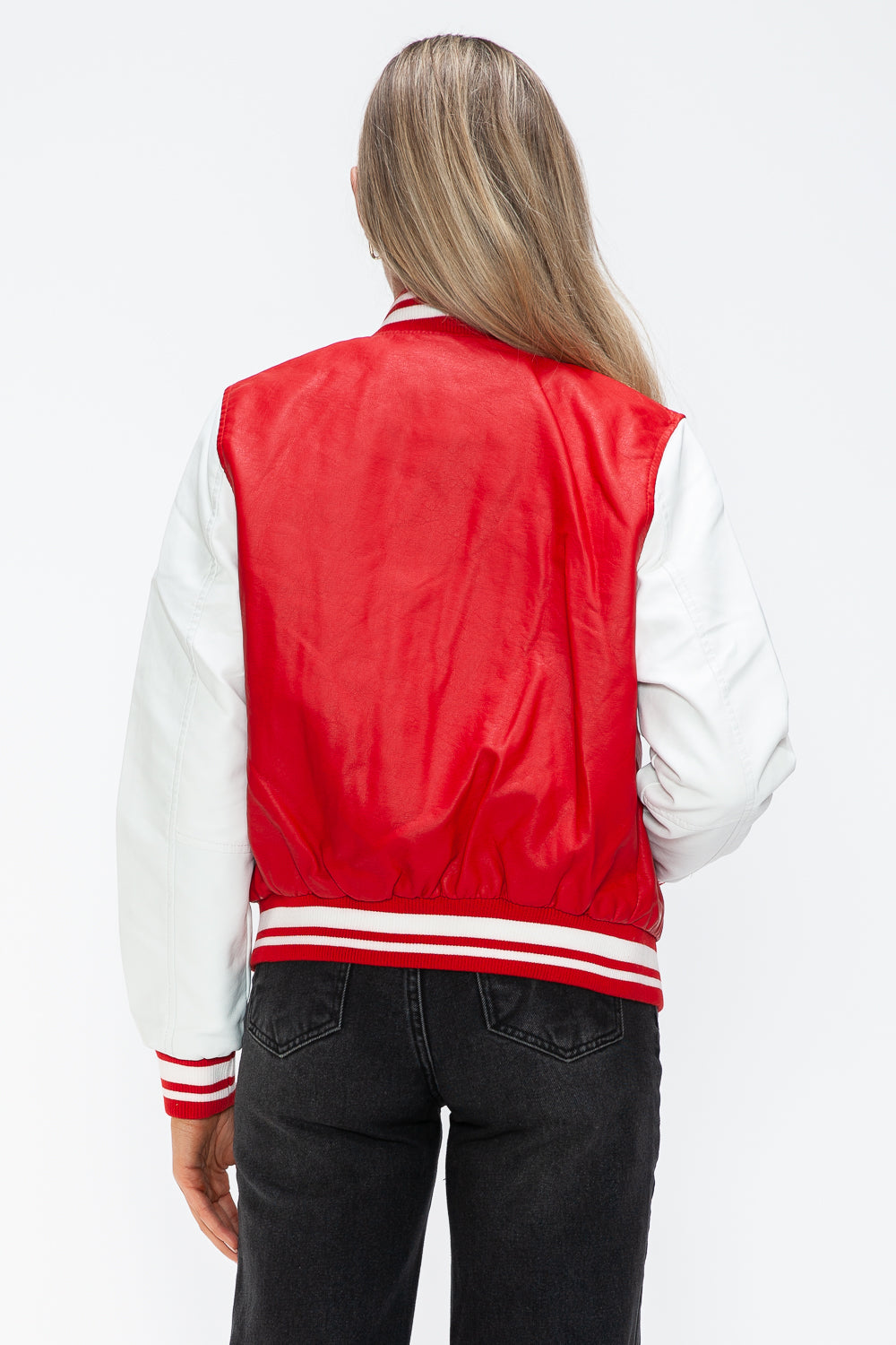 PU Leather Contrast Snap Down Bomber Jacket