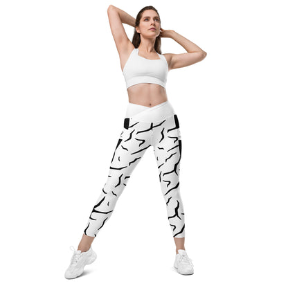 Black Cracked Print Fitness Girl Crossover leggings with pockets