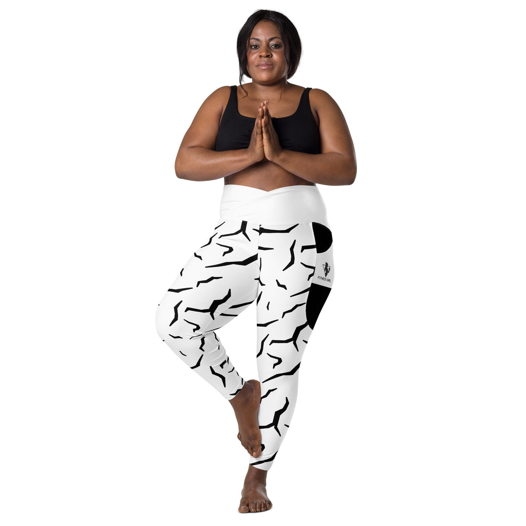 Black Cracked Print Fitness Girl Crossover leggings with pockets