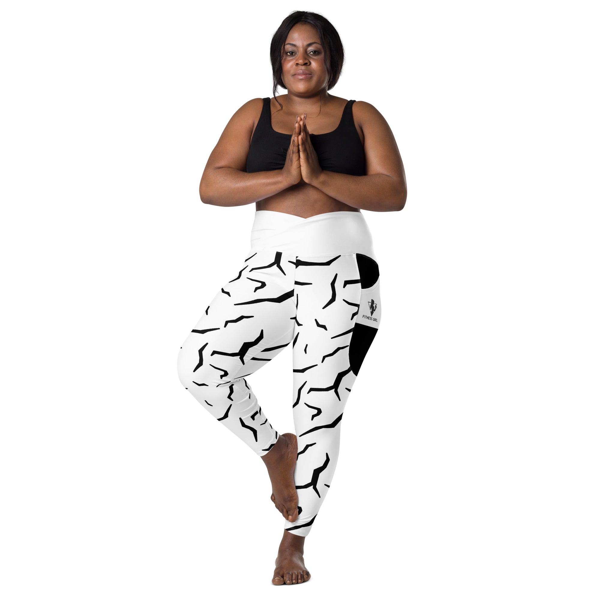 Black Cracked Print Fitness Girl Crossover leggings with pockets
