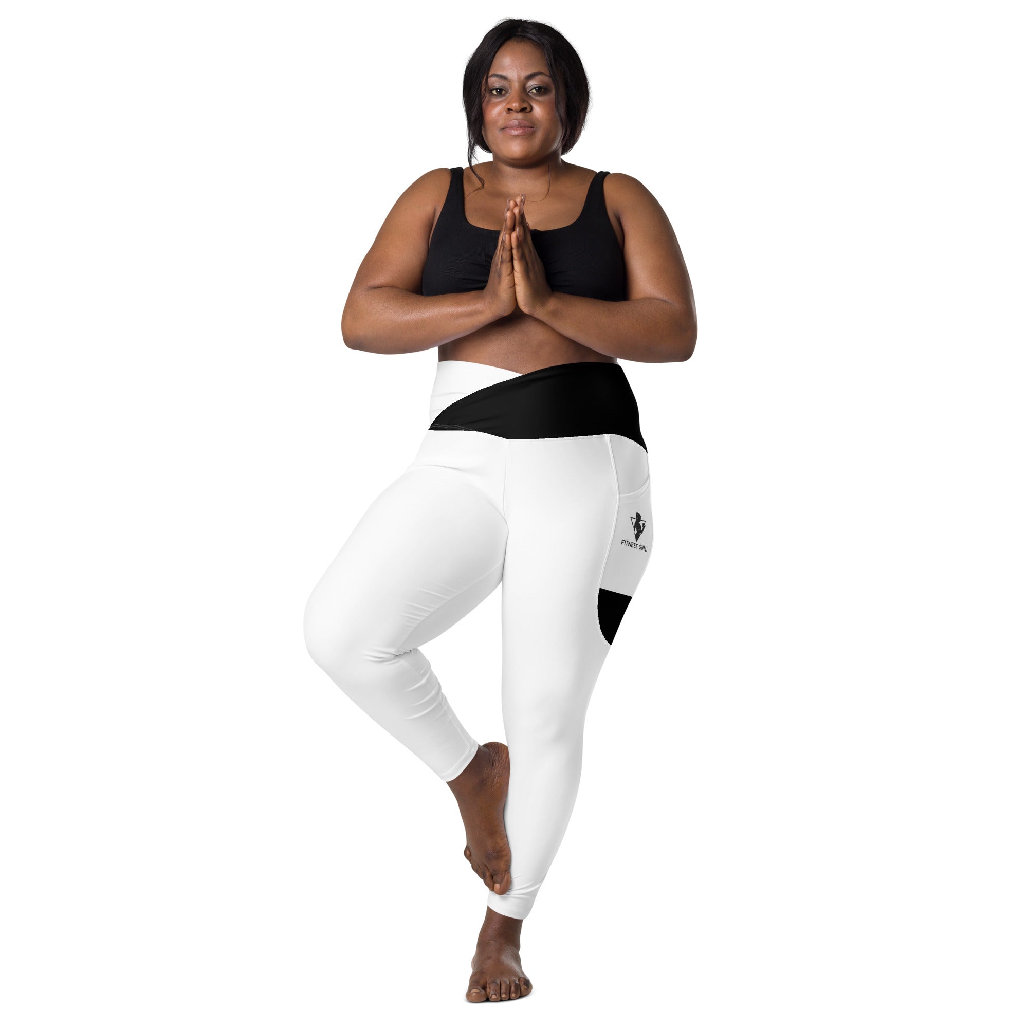 Black and White Fitness Girl Crossover leggings with pockets