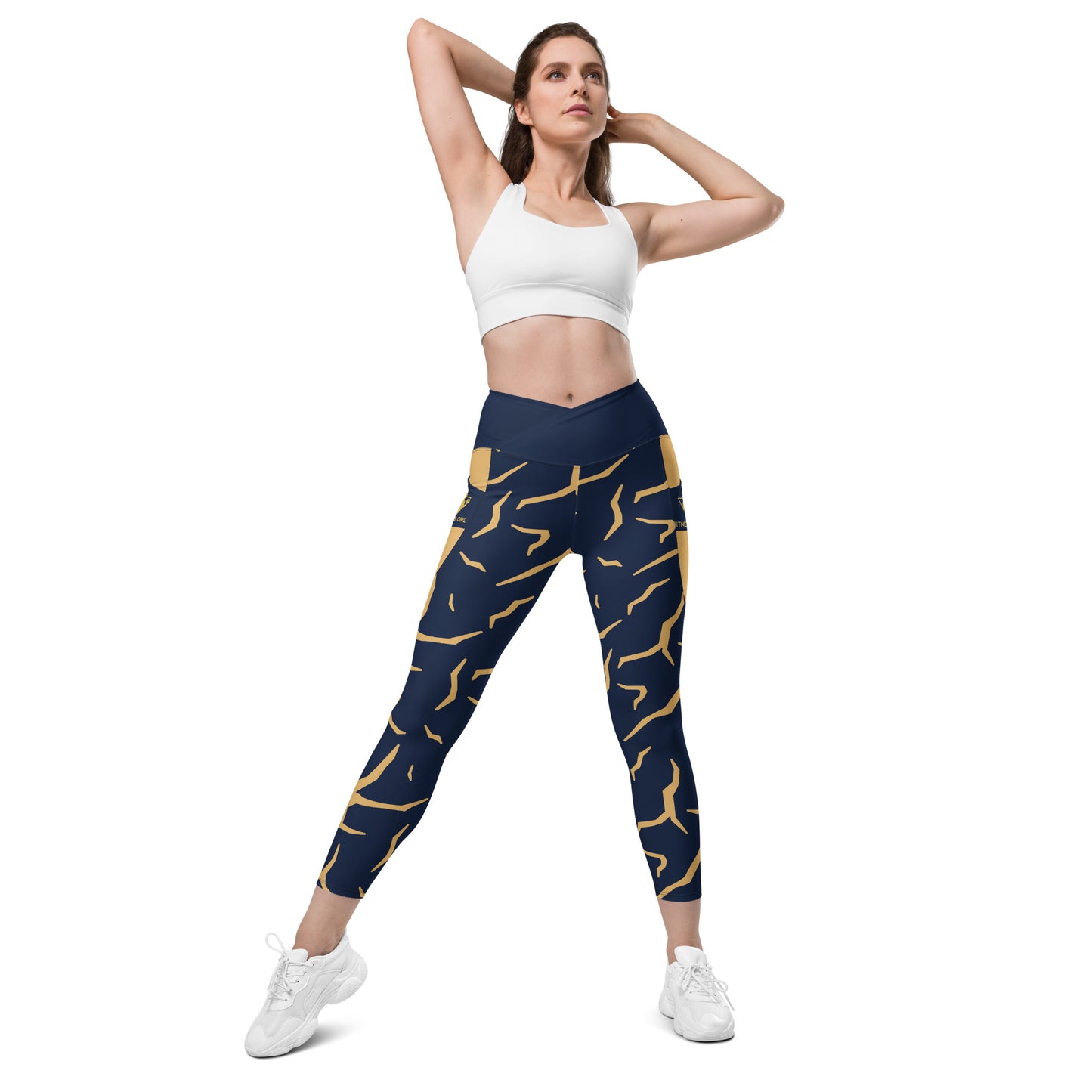 Navy Blue Print Fitness Girl Crossover leggings with pockets