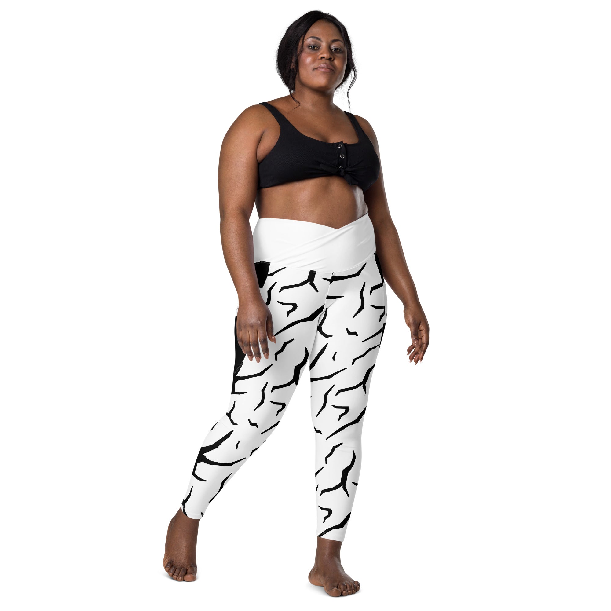 Black Cracked Print Fitness Girl Crossover leggings with pockets