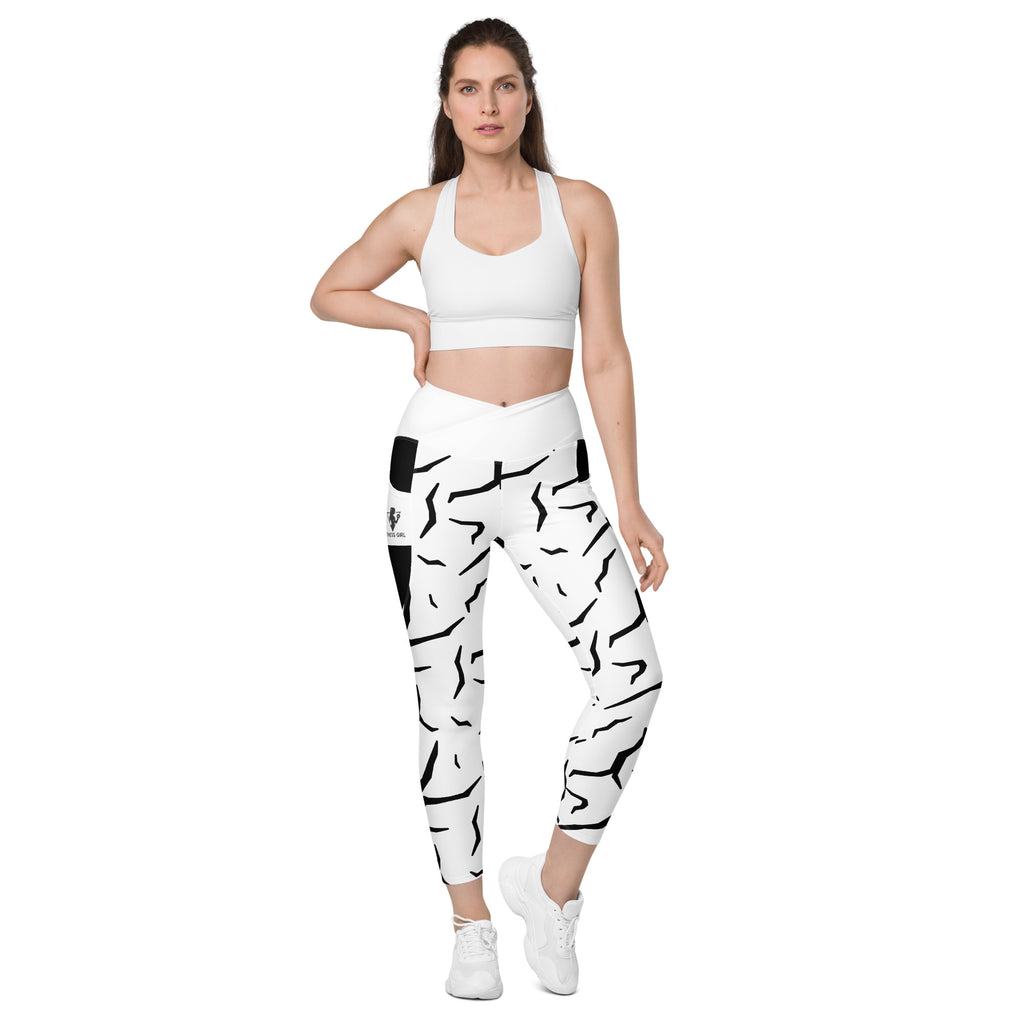 Black Cracked Print Fitness Girl Crossover leggings with pockets