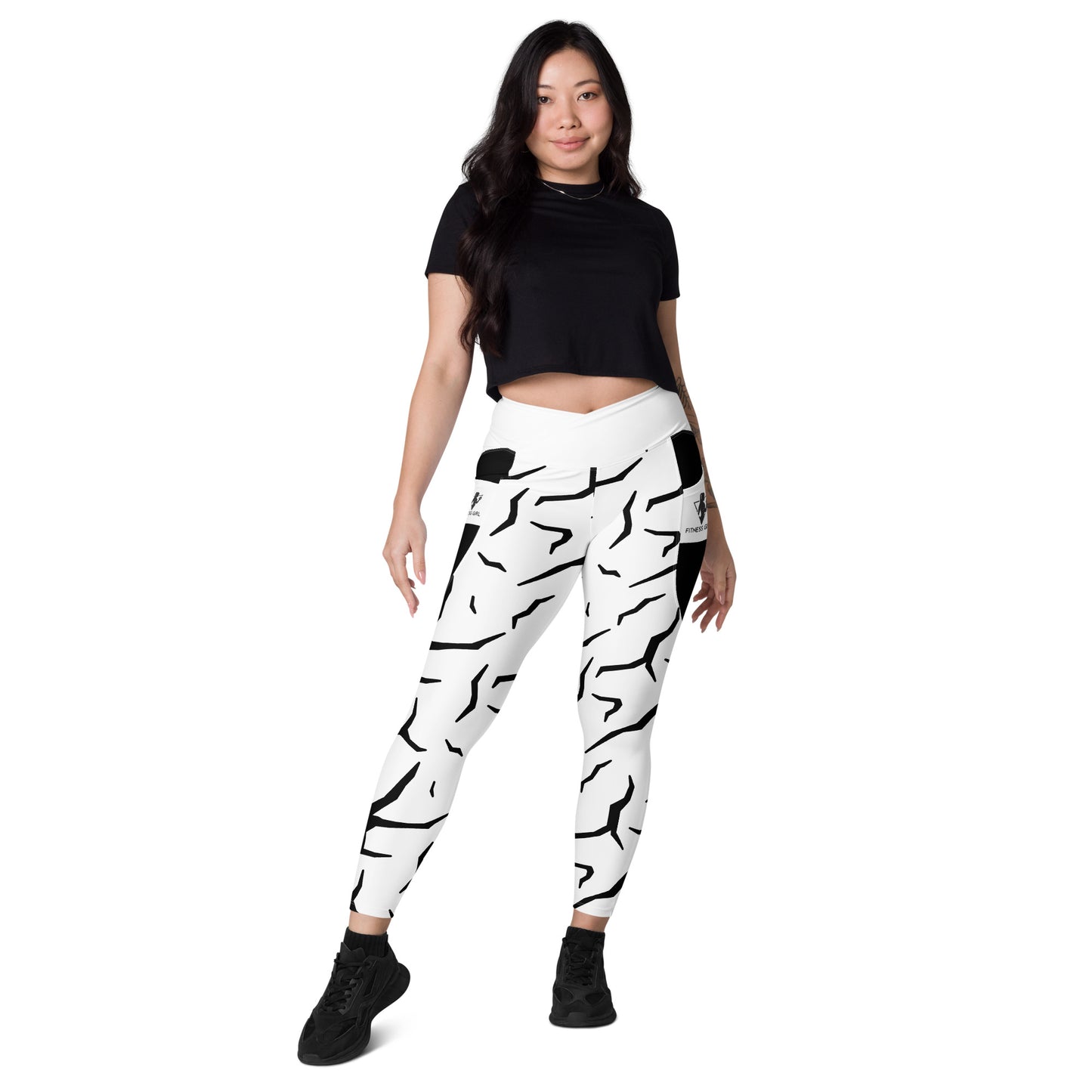 Black Cracked Print Fitness Girl Crossover leggings with pockets