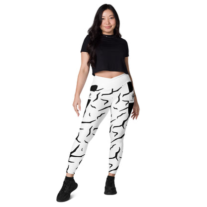 Black Cracked Print Fitness Girl Crossover leggings with pockets