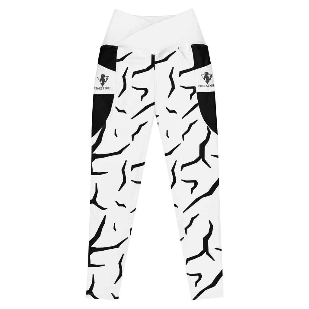 Black Cracked Print Fitness Girl Crossover leggings with pockets