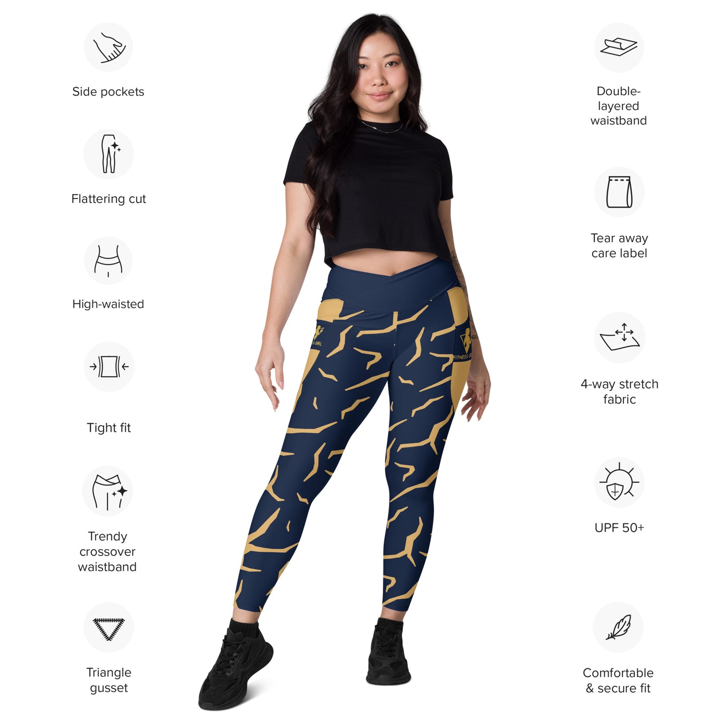 Navy Blue Print Fitness Girl Crossover leggings with pockets