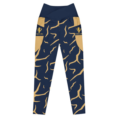 Navy Blue Print Fitness Girl Crossover leggings with pockets