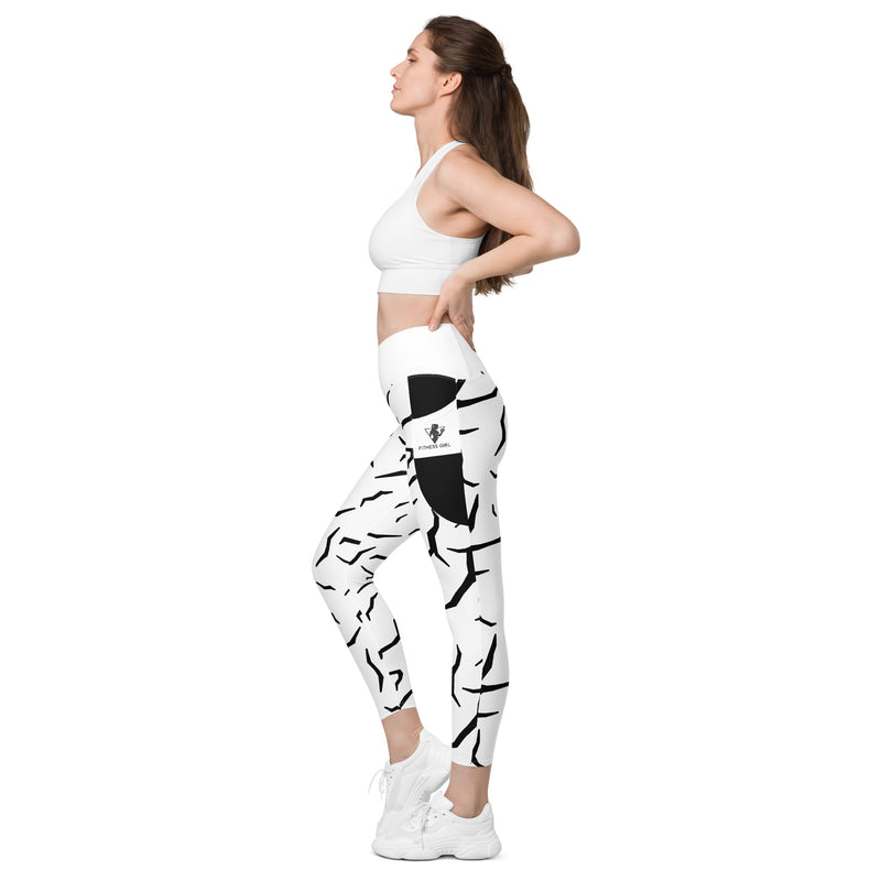 Black Cracked Print Fitness Girl Crossover leggings with pockets