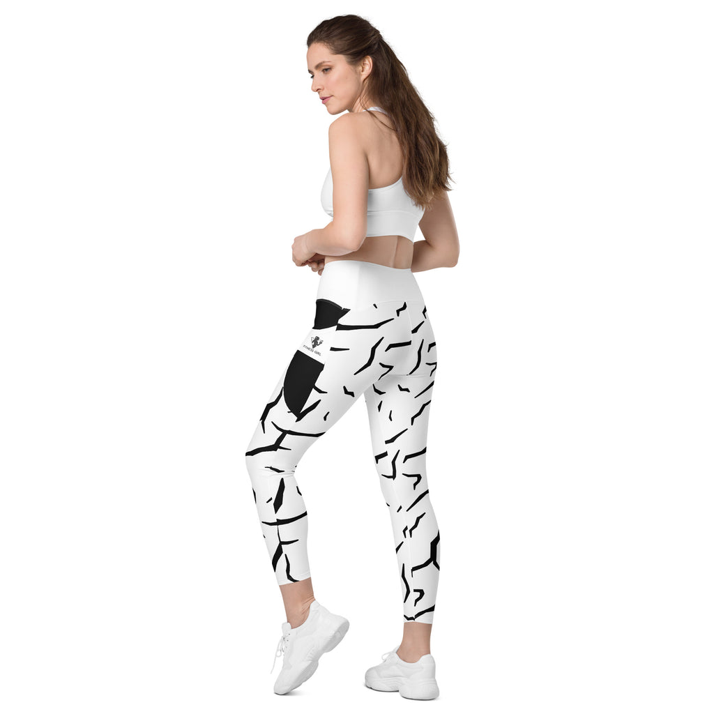 Black Cracked Print Fitness Girl Crossover leggings with pockets