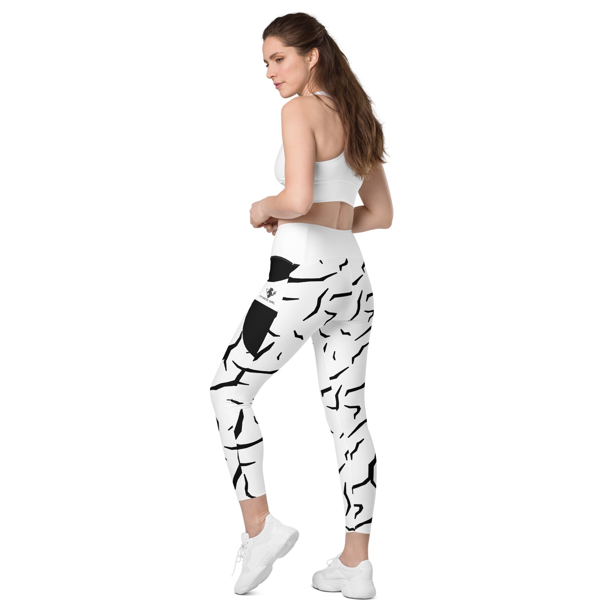 Black Cracked Print Fitness Girl Crossover leggings with pockets