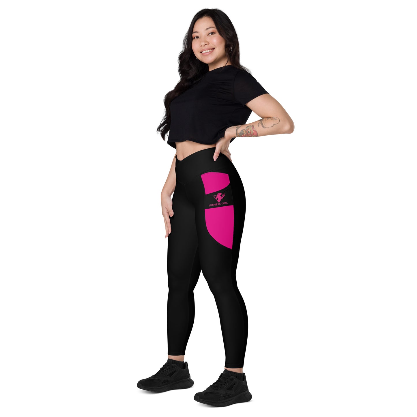 Black and Pink Fitness Girl Crossover leggings with pockets