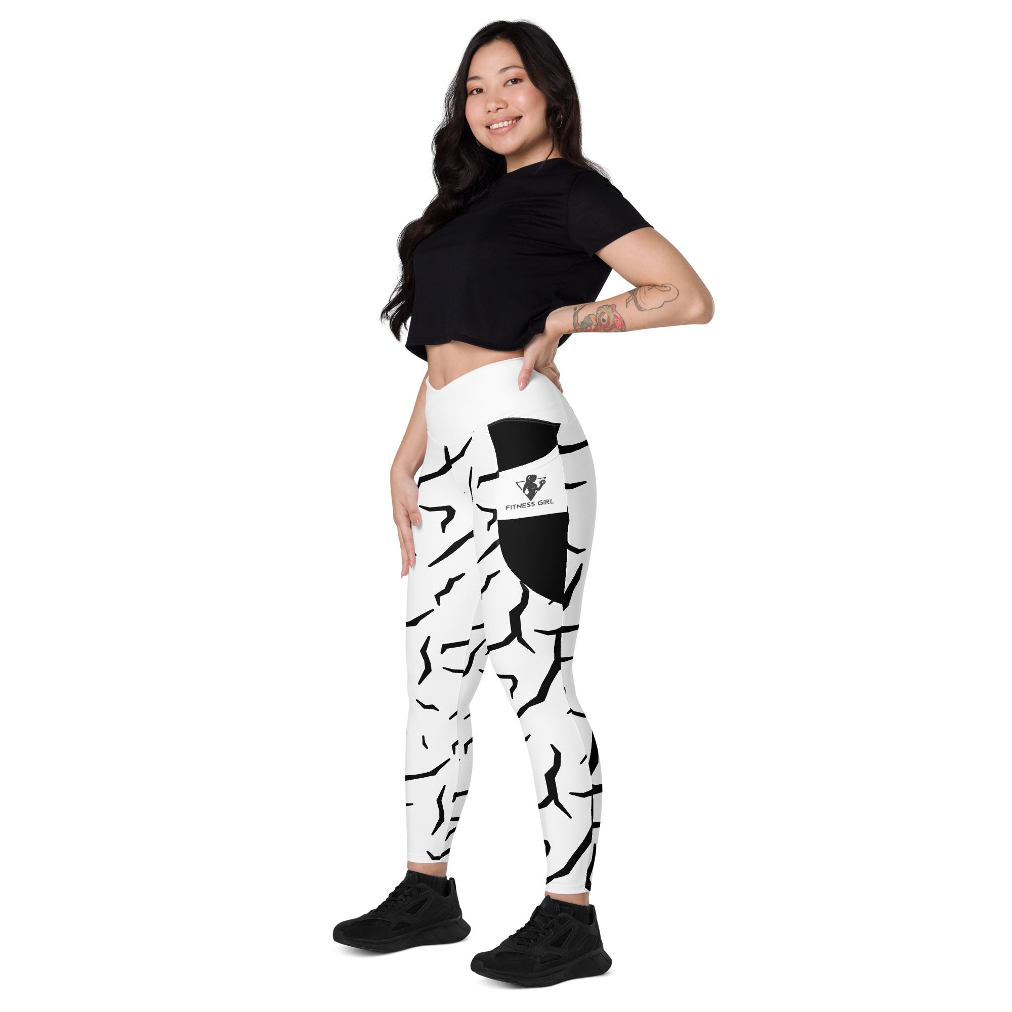 Black Cracked Print Fitness Girl Crossover leggings with pockets