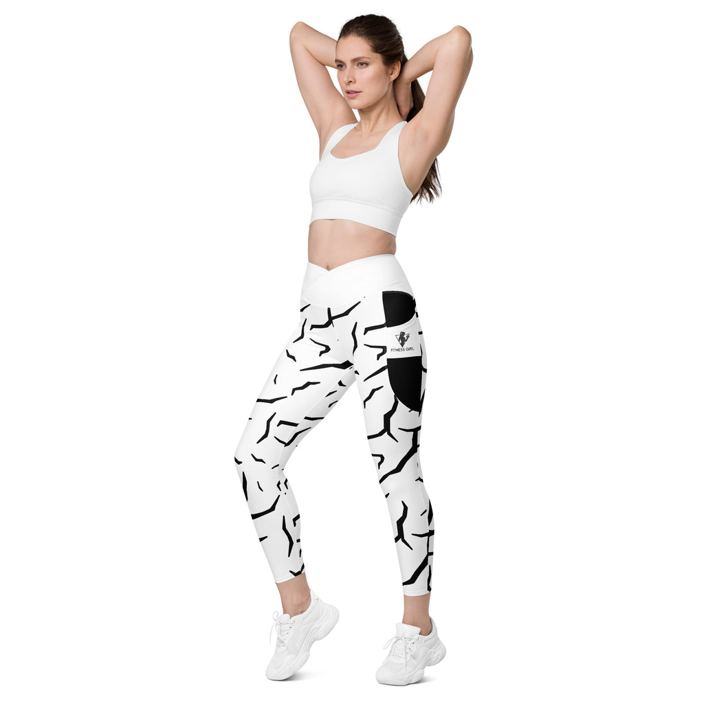 Black Cracked Print Fitness Girl Crossover leggings with pockets