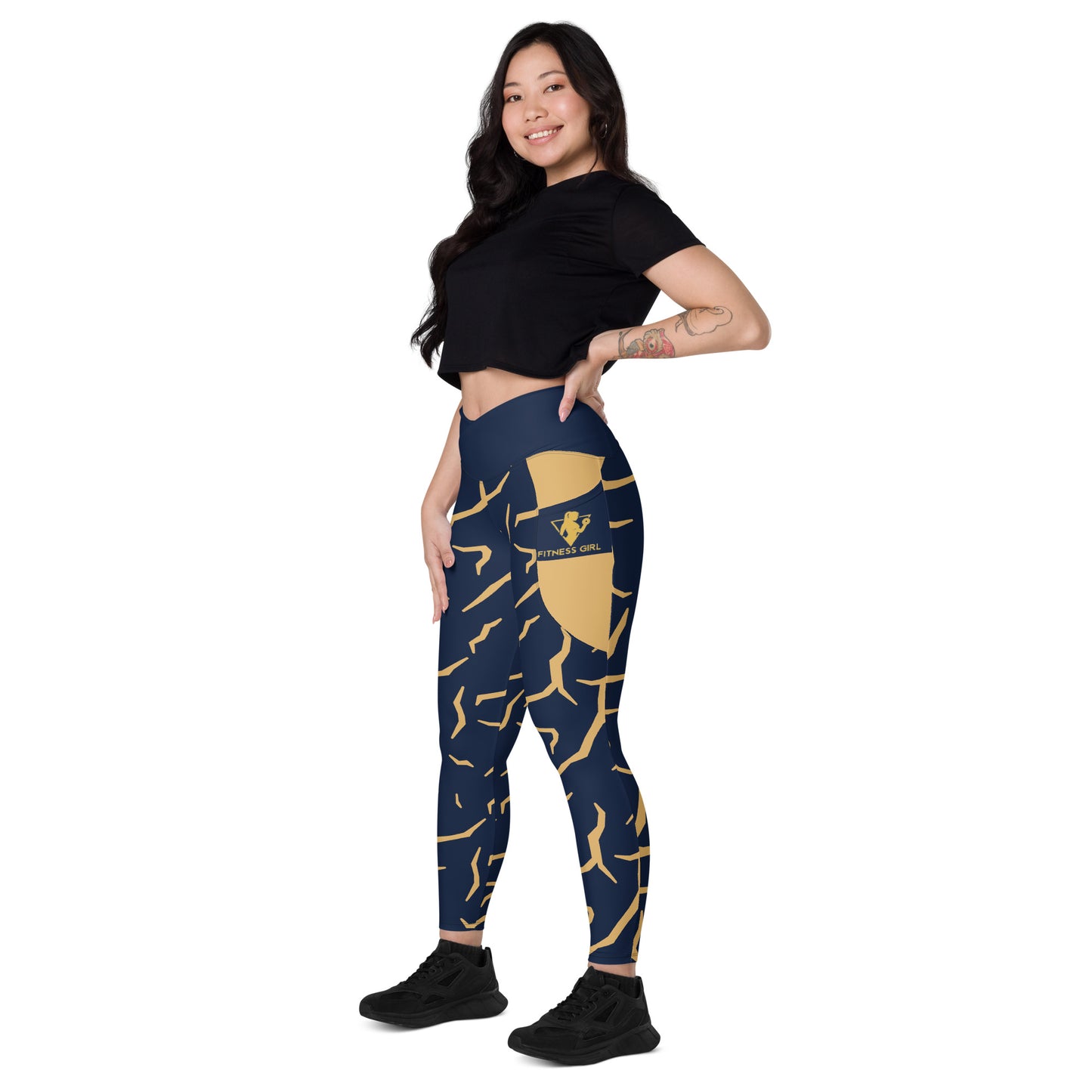 Navy Blue Print Fitness Girl Crossover leggings with pockets