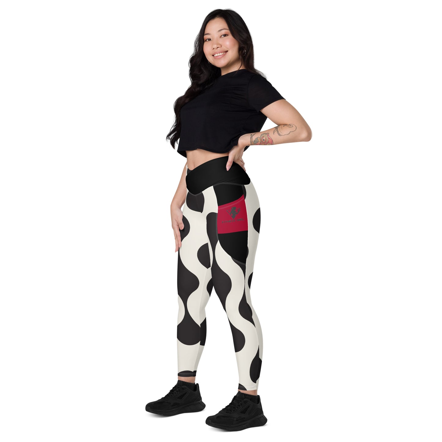 Black and Red Fitness Girl Crossover leggings with pockets