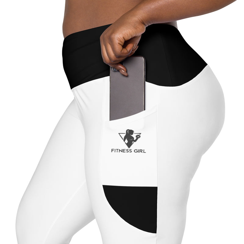 Black and White Fitness Girl Crossover leggings with pockets