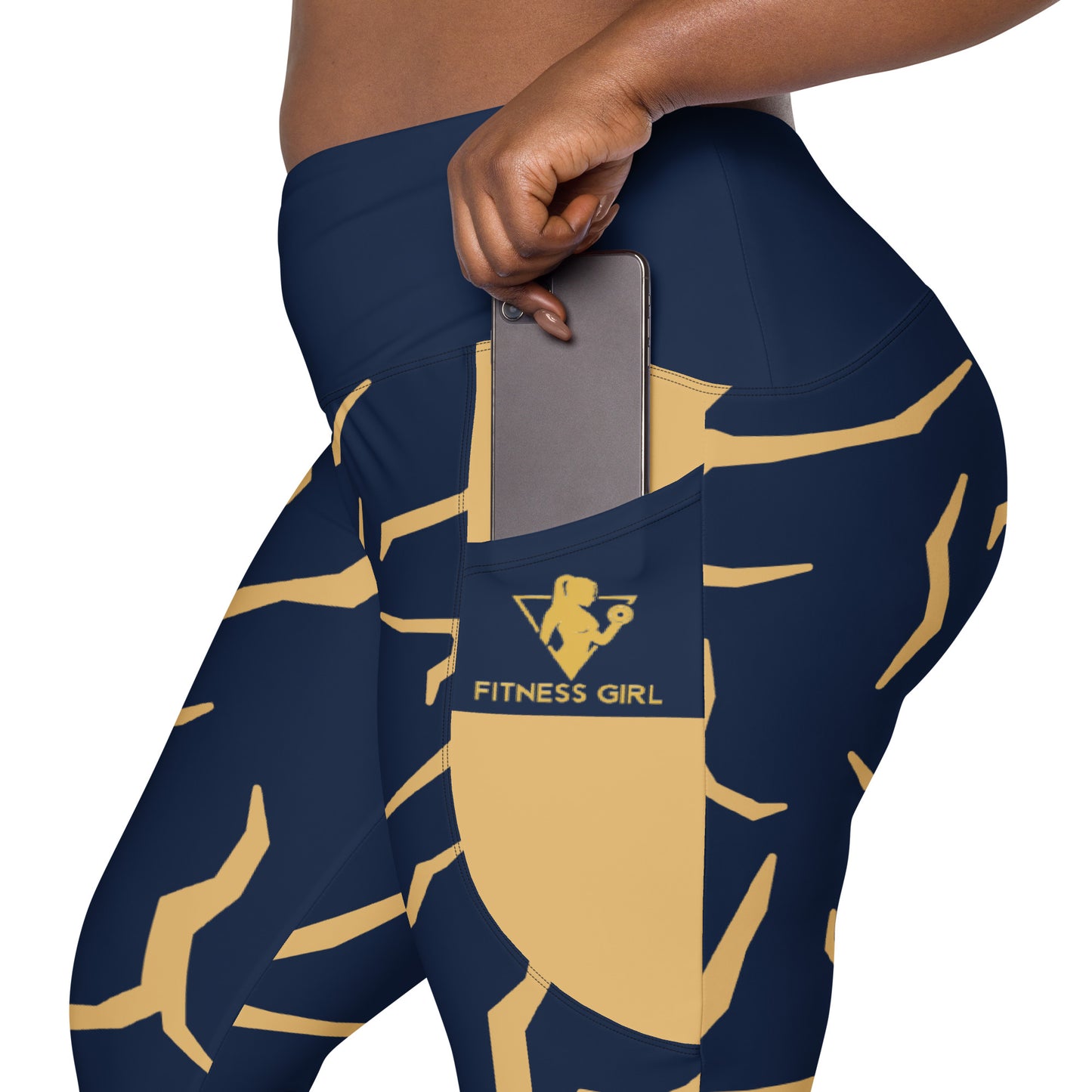 Navy Blue Print Fitness Girl Crossover leggings with pockets