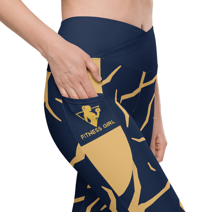 Navy Blue Print Fitness Girl Crossover leggings with pockets