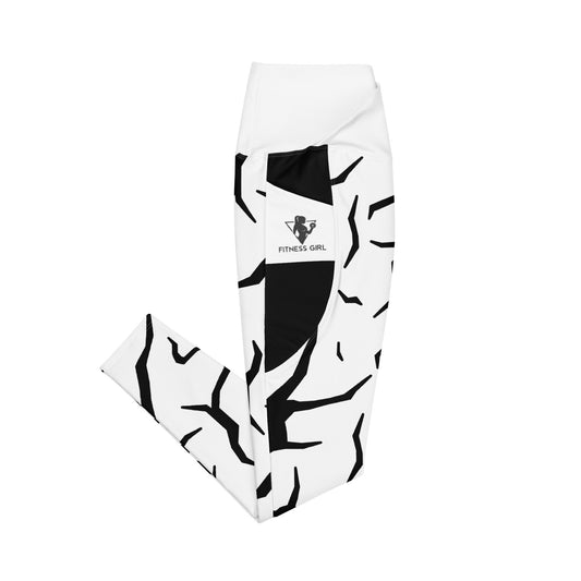 Black Cracked Print Fitness Girl Crossover leggings with pockets