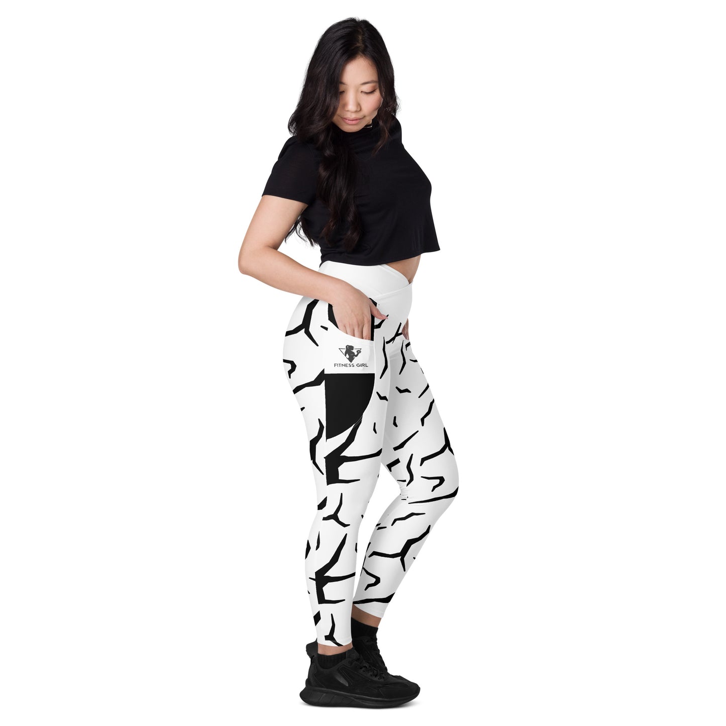 Black Cracked Print Fitness Girl Crossover leggings with pockets