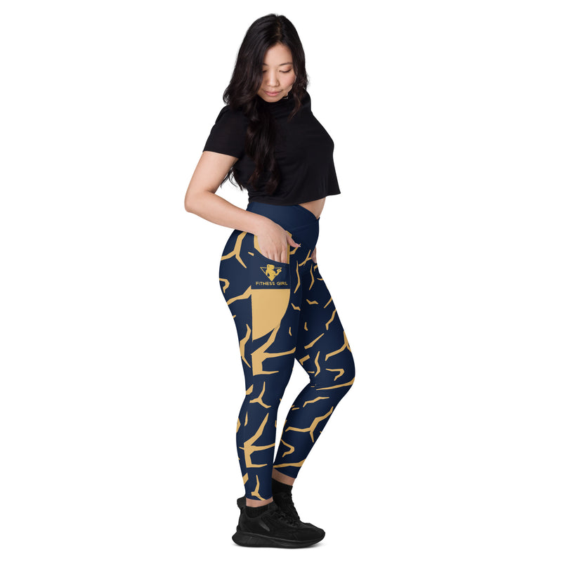Navy Blue Print Fitness Girl Crossover leggings with pockets