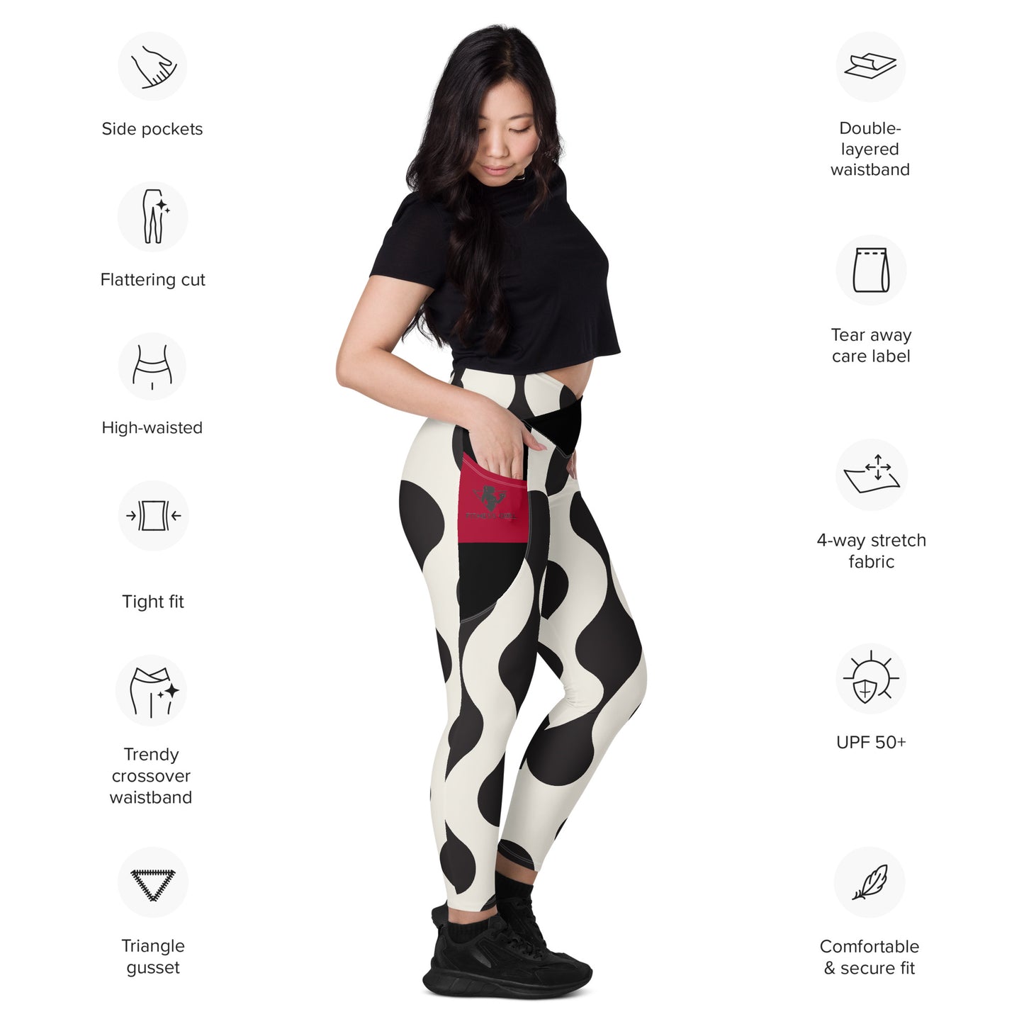 Black and Red Fitness Girl Crossover leggings with pockets