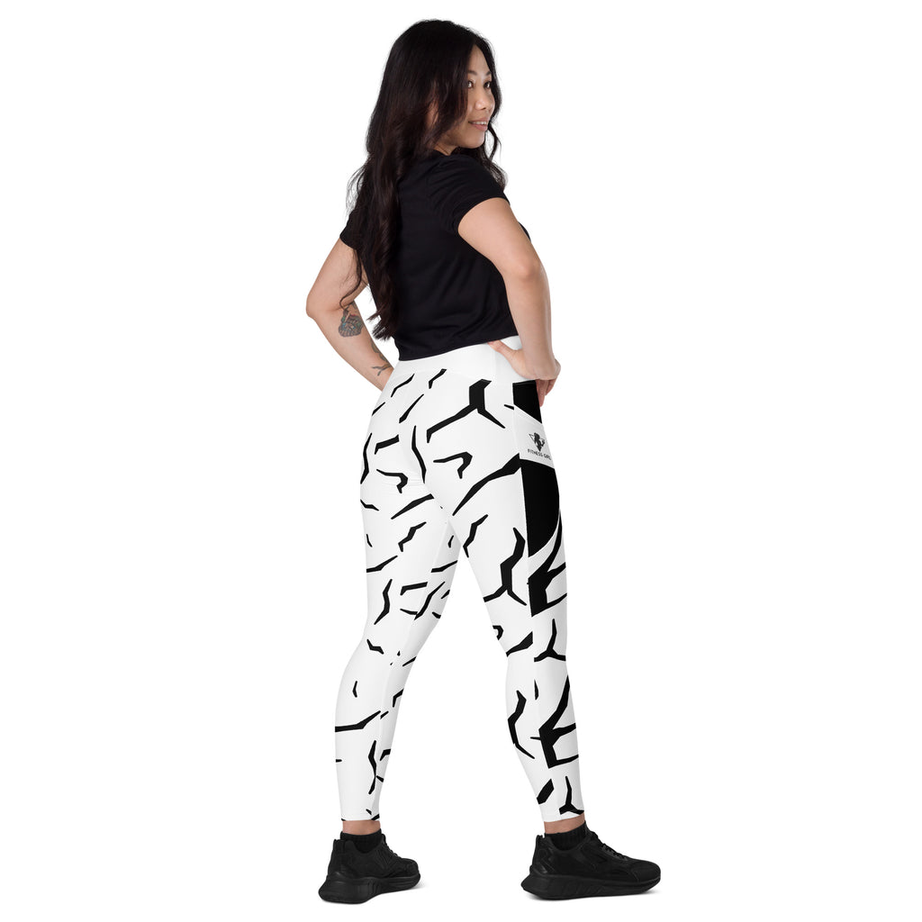 Black Cracked Print Fitness Girl Crossover leggings with pockets