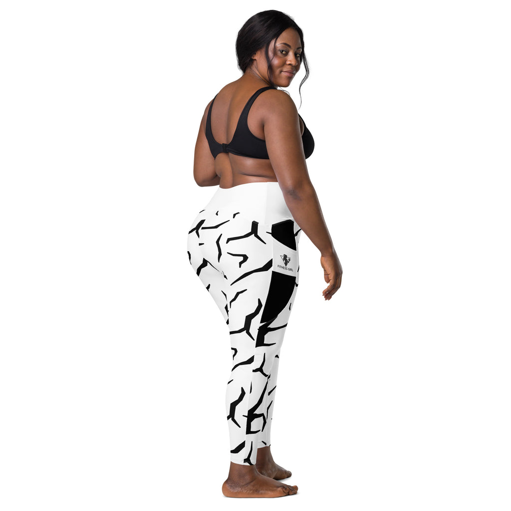 Black Cracked Print Fitness Girl Crossover leggings with pockets