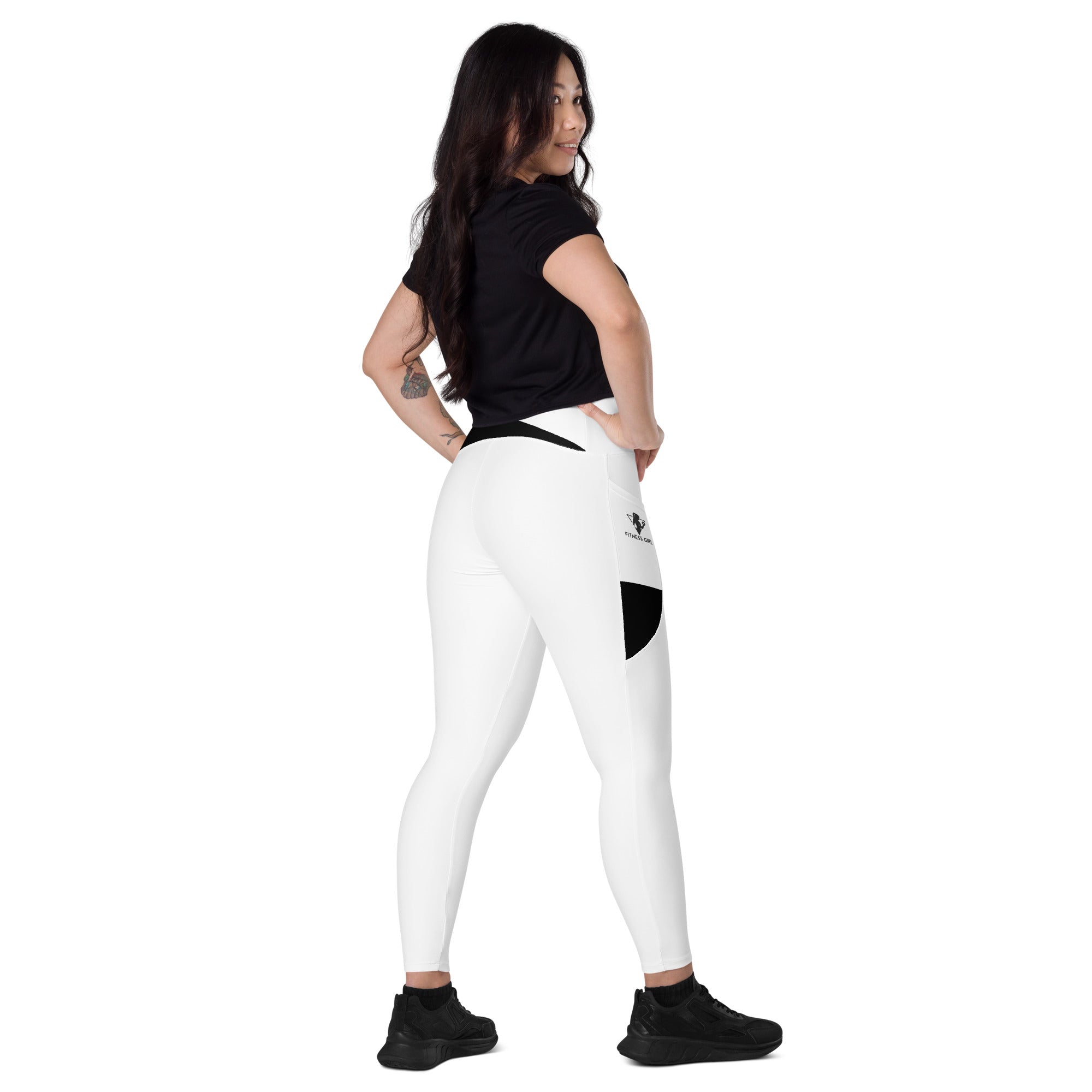 Black and White Fitness Girl Crossover leggings with pockets