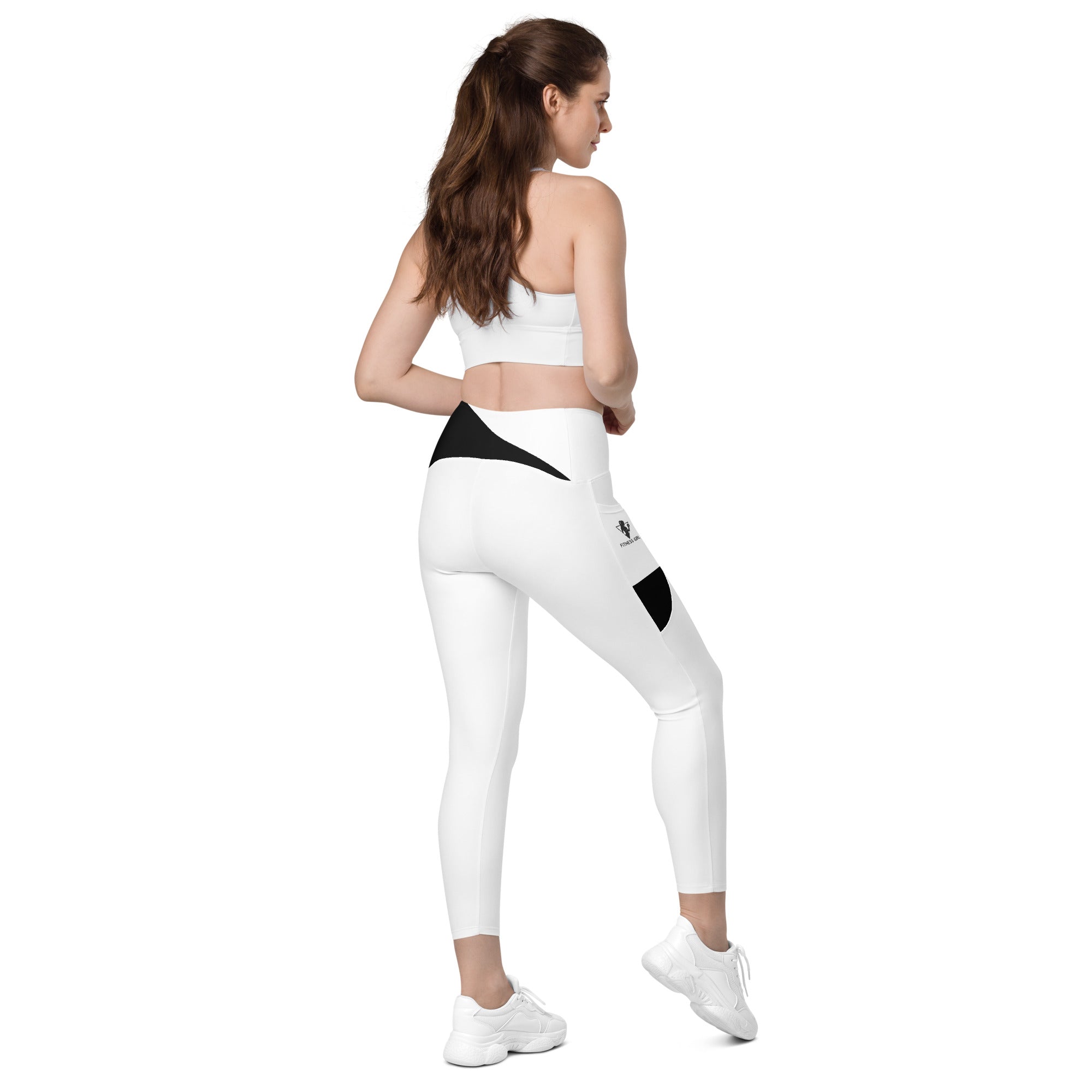 Black and White Fitness Girl Crossover leggings with pockets