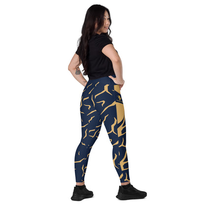 Navy Blue Print Fitness Girl Crossover leggings with pockets