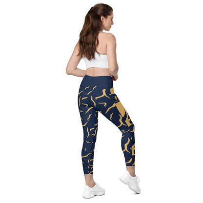 Navy Blue Print Fitness Girl Crossover leggings with pockets