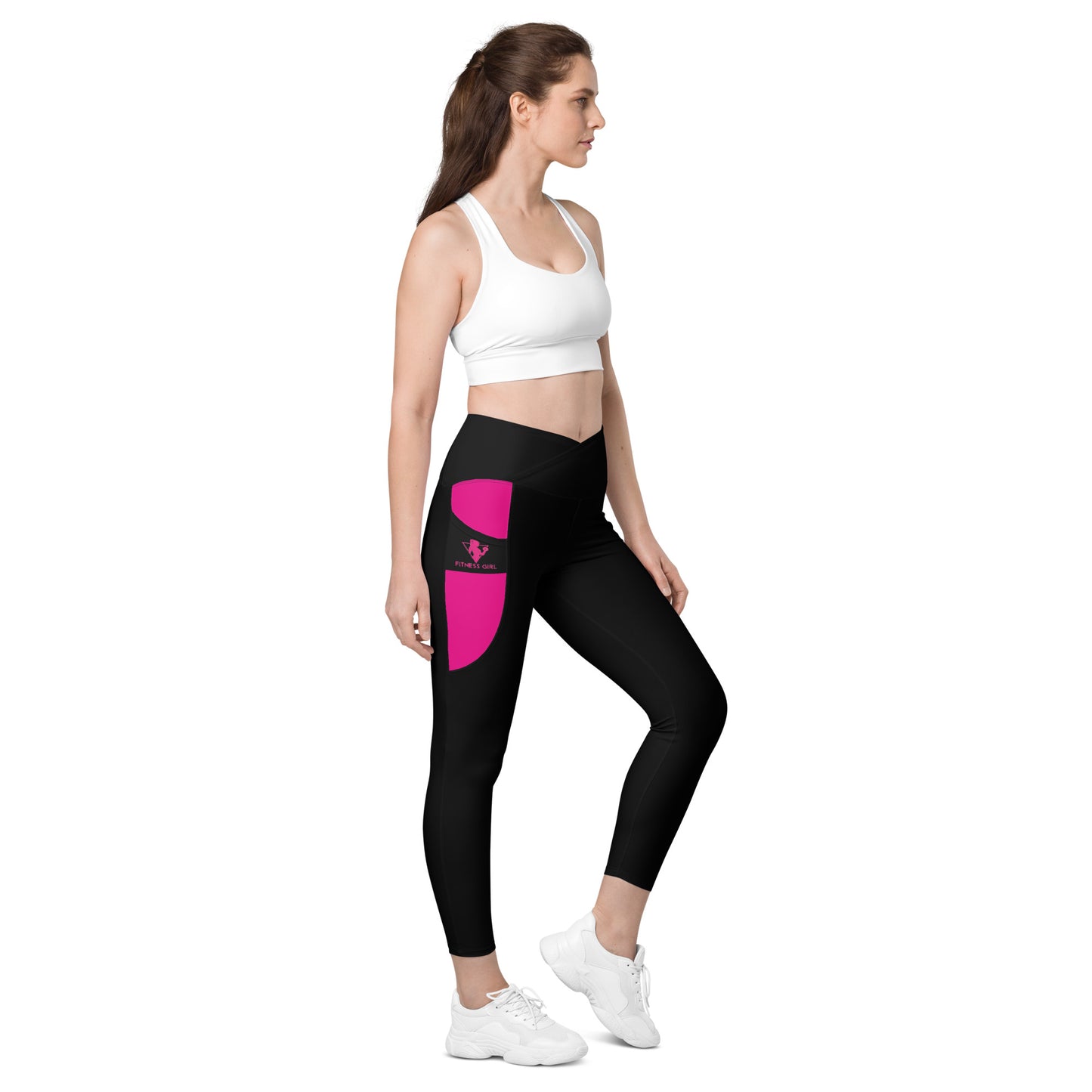 Black and Pink Fitness Girl Crossover leggings with pockets