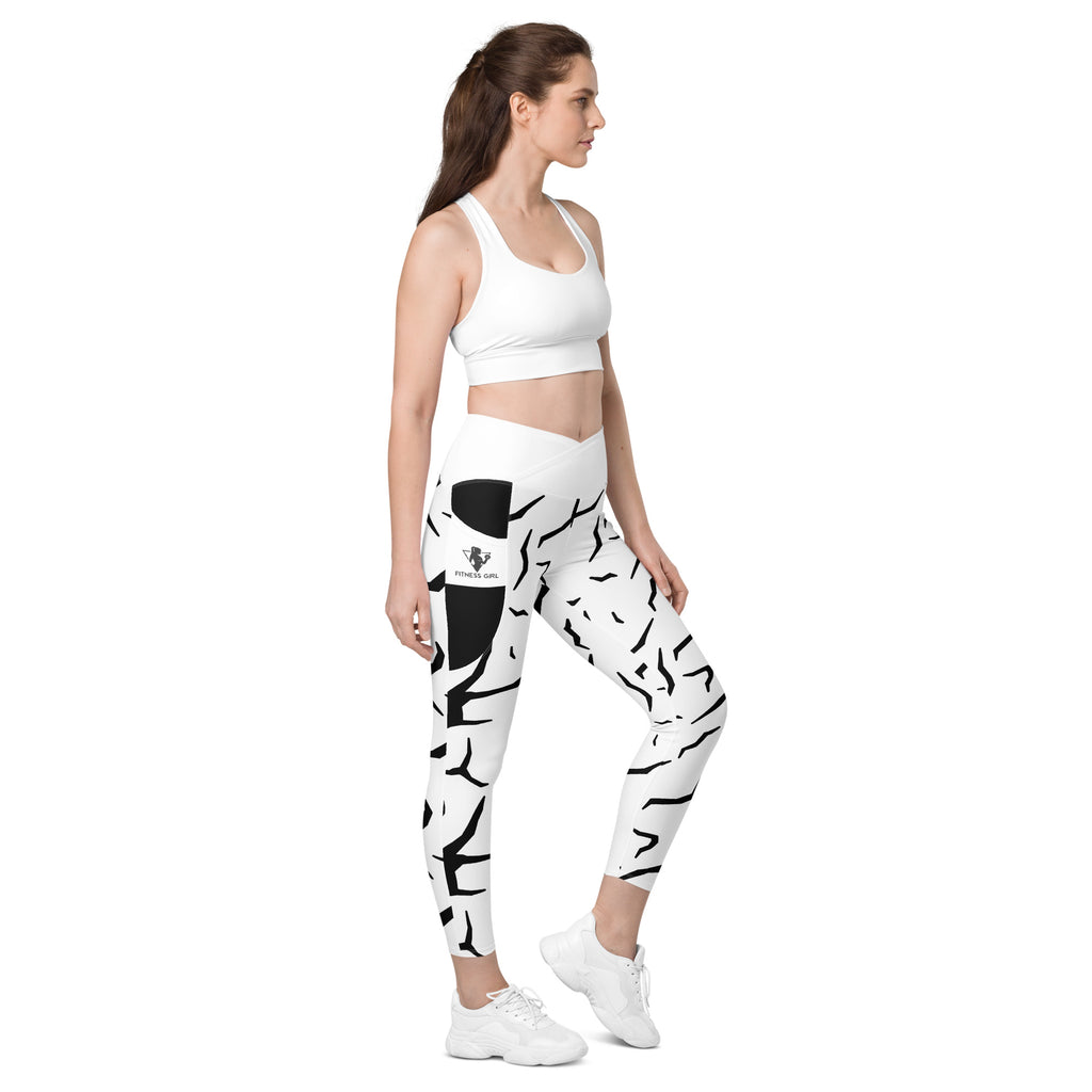 Black Cracked Print Fitness Girl Crossover leggings with pockets