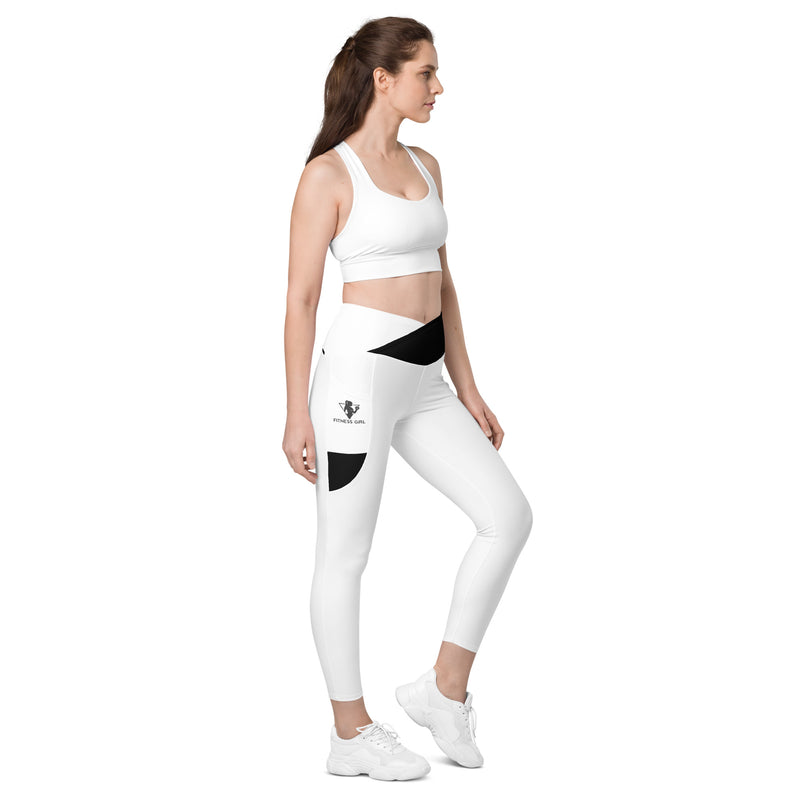 Black and White Fitness Girl Crossover leggings with pockets