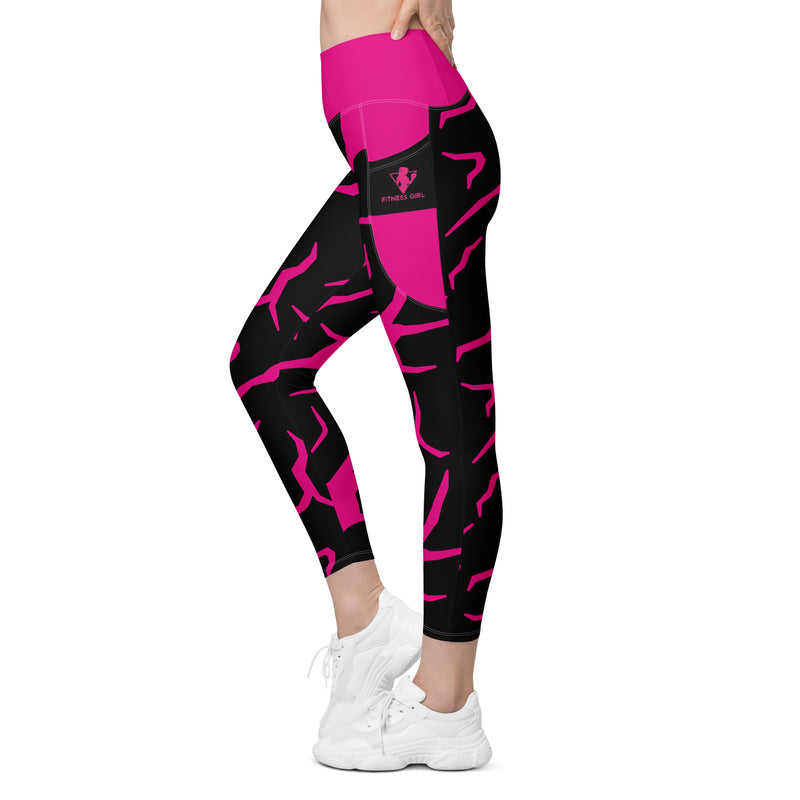 Pink Cracked Print Fitness Girl Leggings with pockets