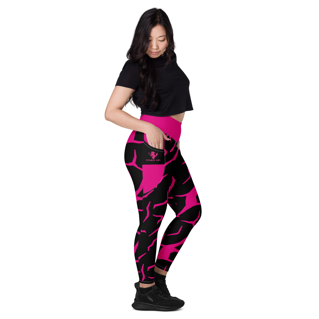 Pink Cracked Print Fitness Girl Leggings with pockets