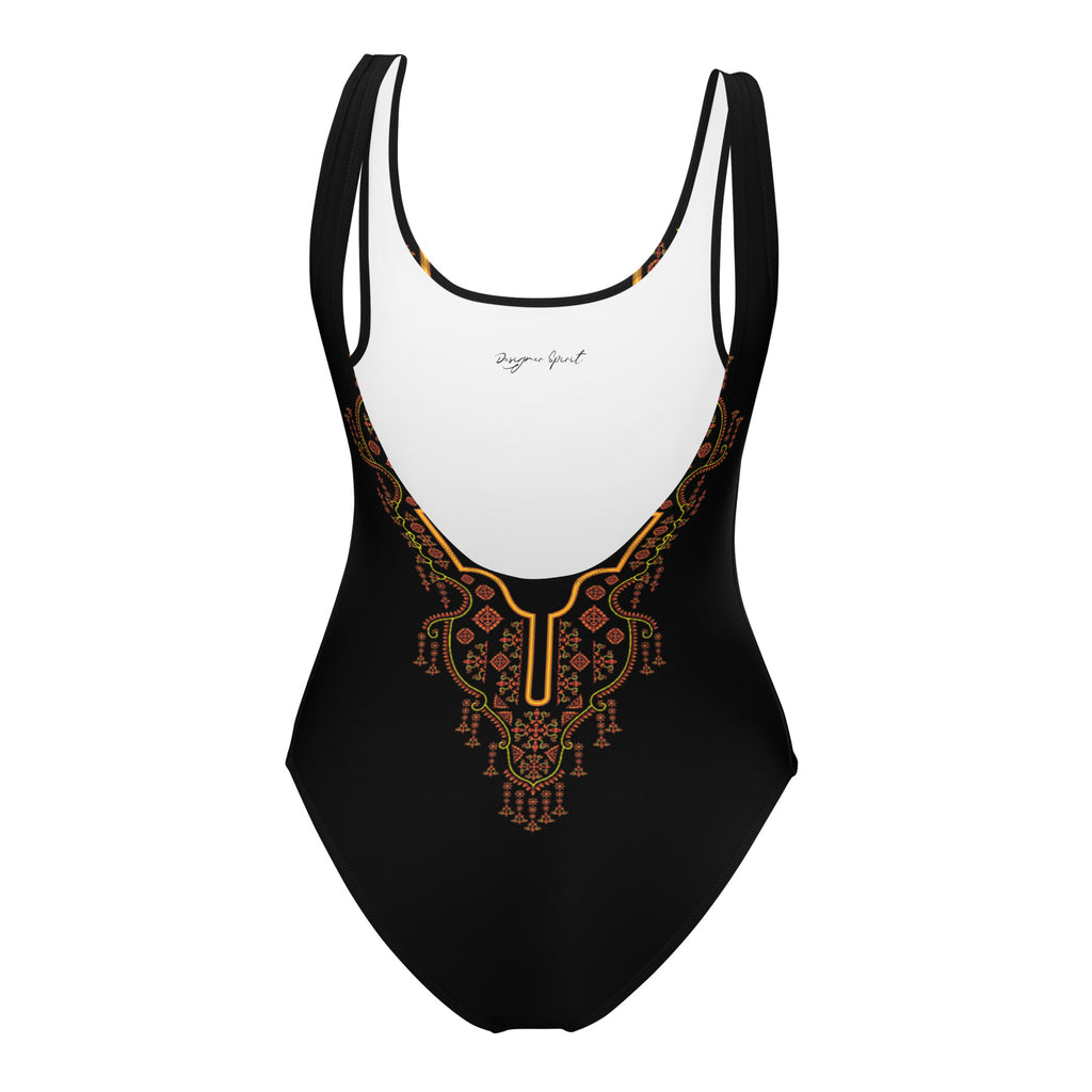 Golden Floral Embroidery Design One-Piece Swimsuit