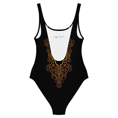 Golden Floral Embroidery Design One-Piece Swimsuit