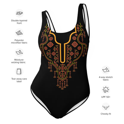 Golden Floral Embroidery Design One-Piece Swimsuit