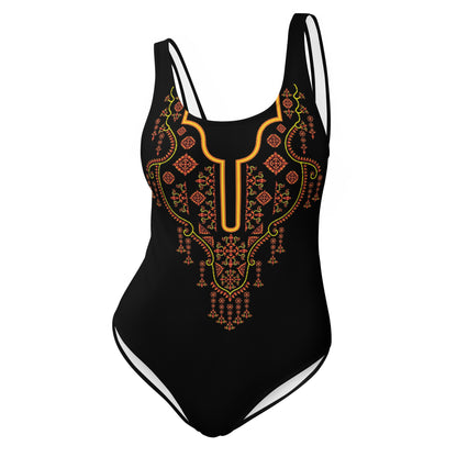 Golden Floral Embroidery Design One-Piece Swimsuit