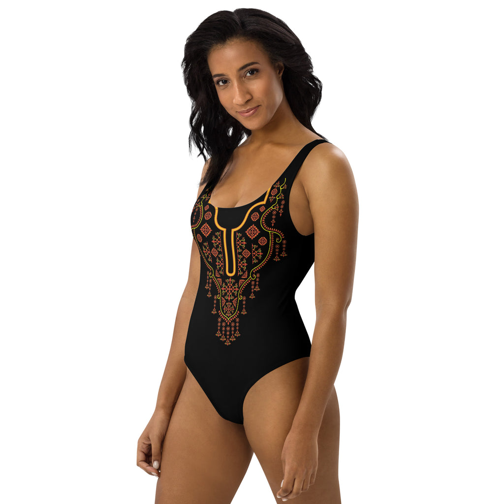 Golden Floral Embroidery Design One-Piece Swimsuit